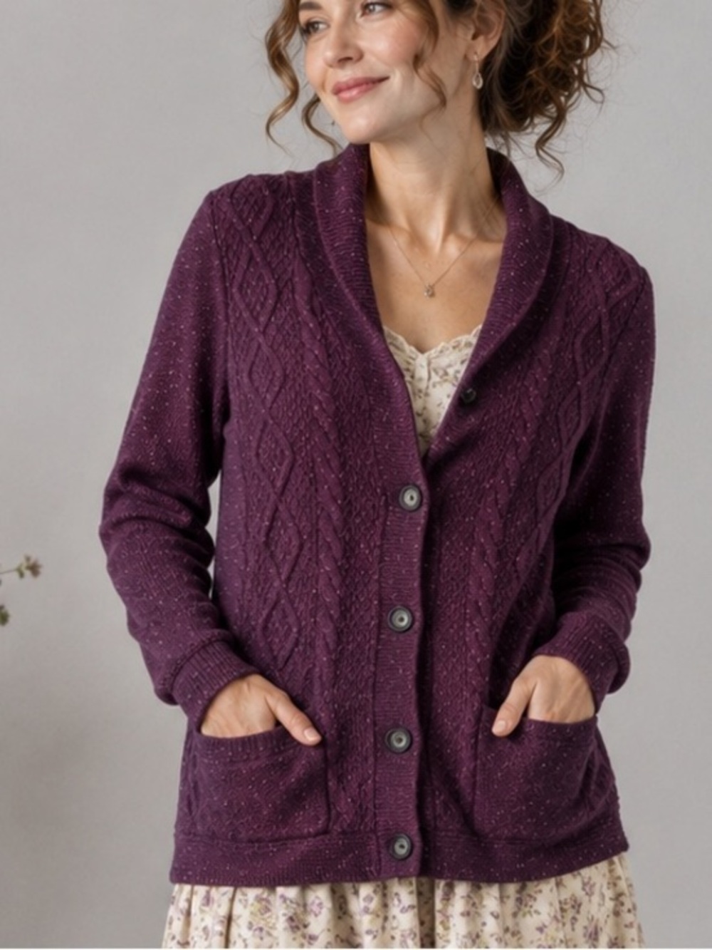 Eddie Bauer Cable Knit Shawl Collar Cardigan Sweater Purple Button Front Pockets